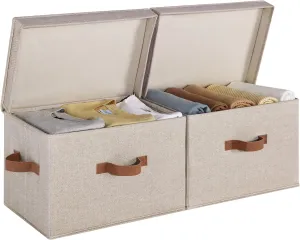 StorageWorks Fabric Storage Bins with lid, Decorative Boxes for Shelves, Closet Organizer Basket with Handles, Large, Brown and Beige, 2-Pack