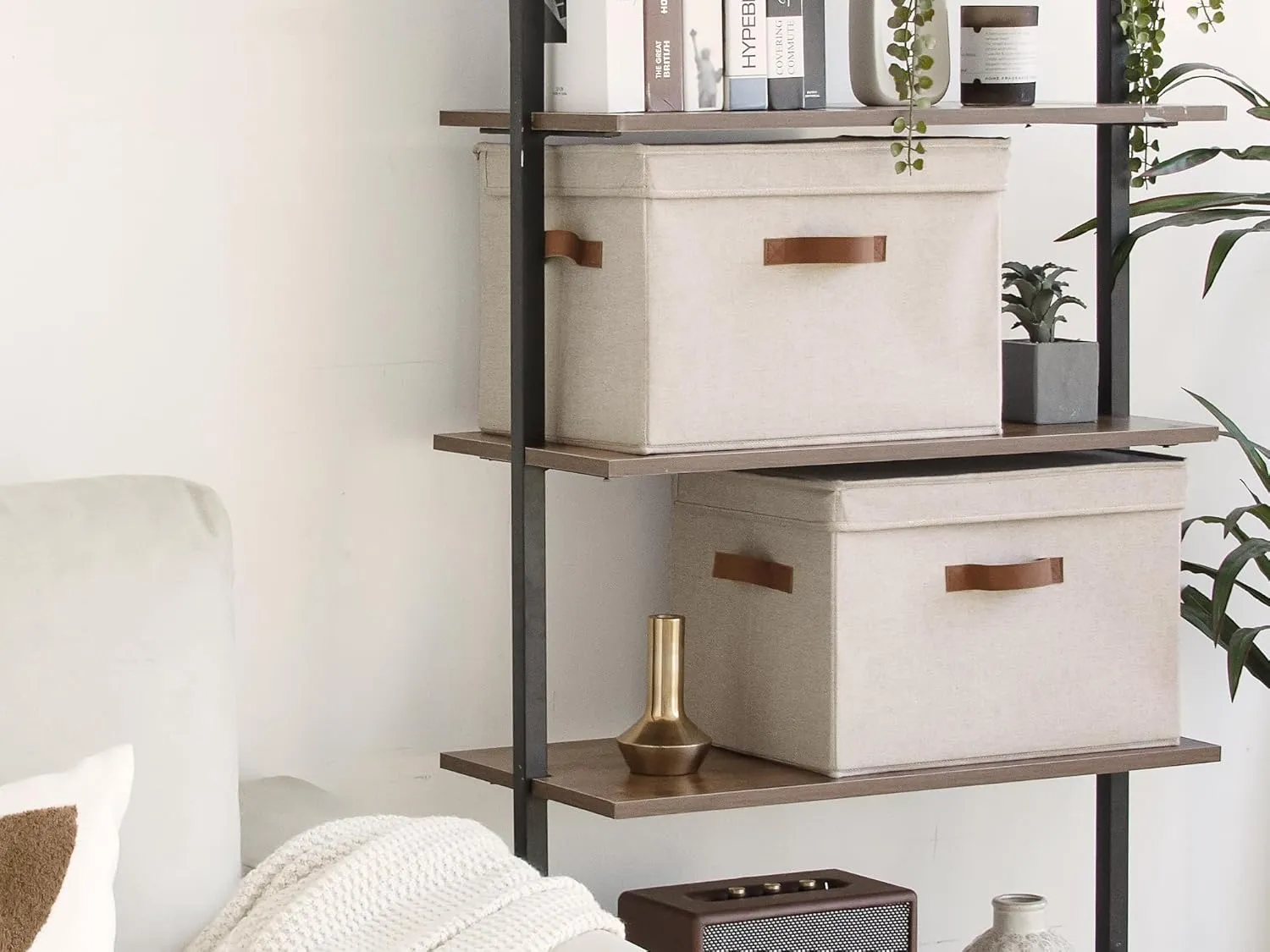 StorageWorks Fabric Storage Bins with lid, Decorative Boxes for Shelves, Closet Organizer Basket with Handles, Large, Brown and Beige, 2-Pack