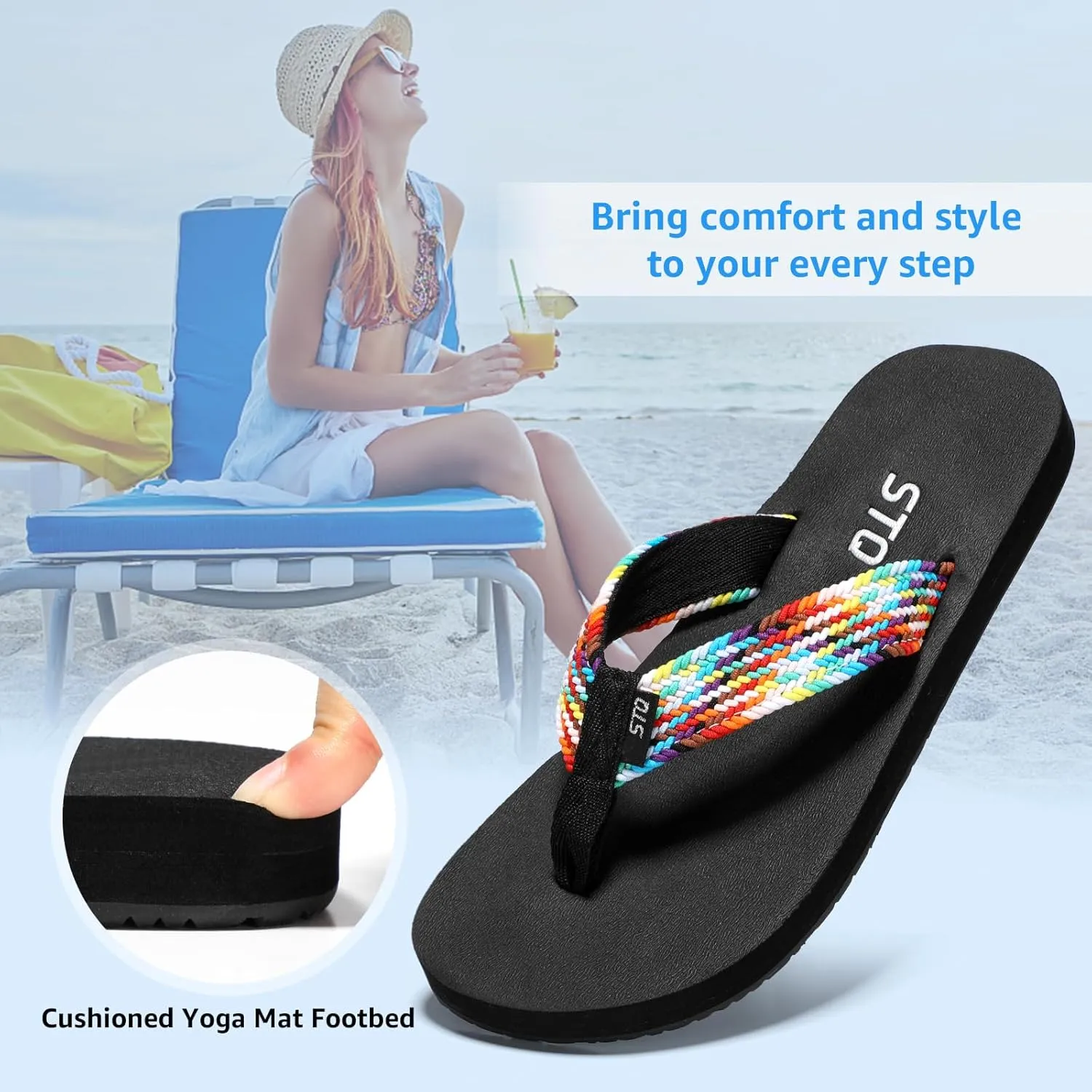 STQ Womens Quick Dry Flip Flops with Yoga Mat Sole丨Arch Support Thong Sandals