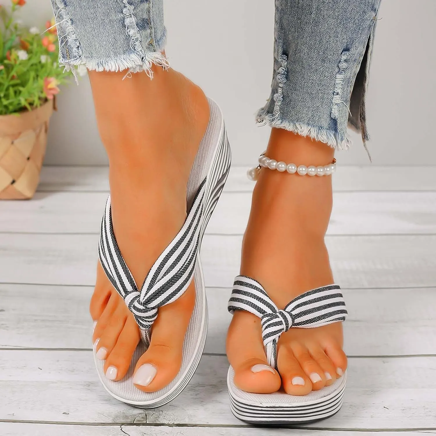 Striped Thong Sandals for Women Fashion Patchwork Comfort Breathable Chunky Heel Wedge Casual Arch Support Flip-Flop