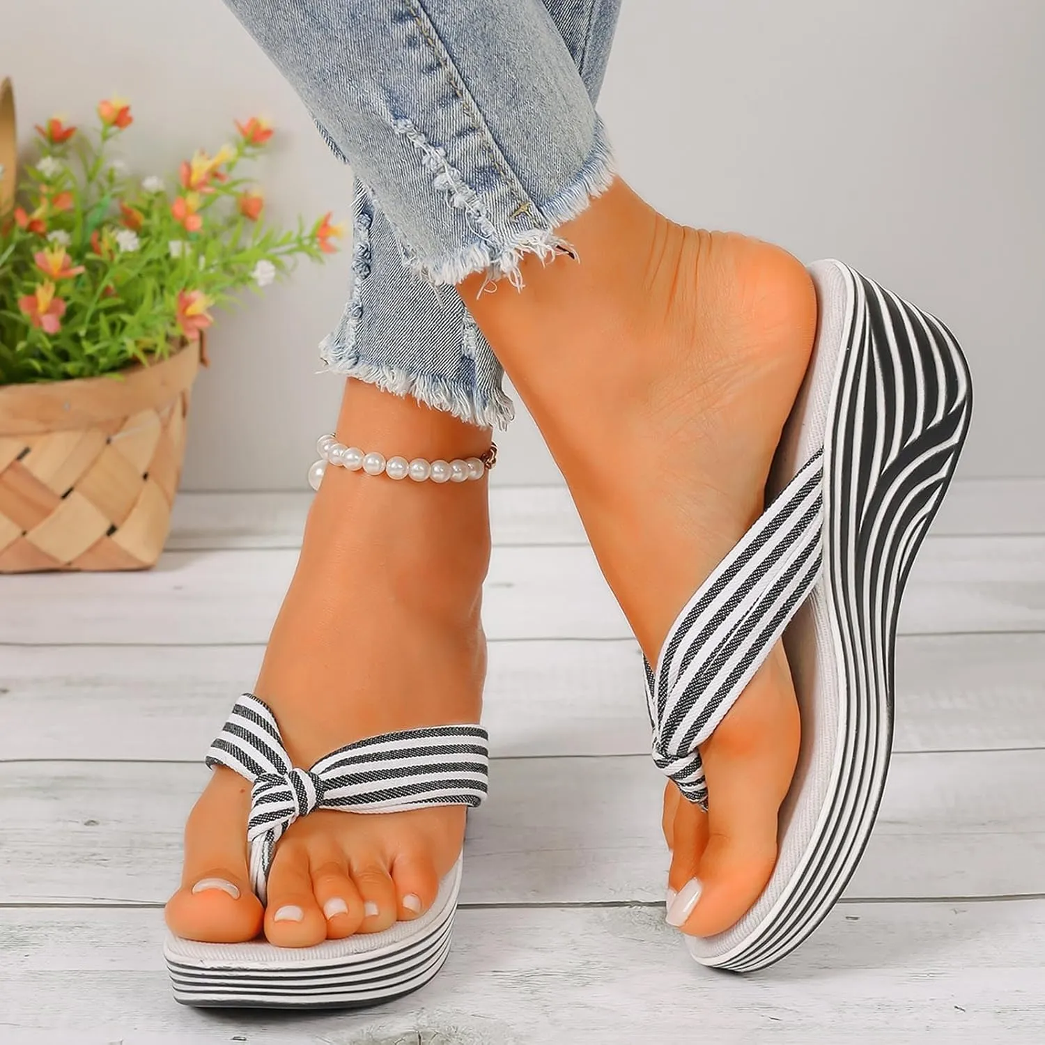 Striped Thong Sandals for Women Fashion Patchwork Comfort Breathable Chunky Heel Wedge Casual Arch Support Flip-Flop