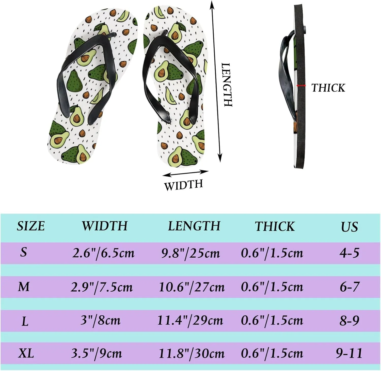Summer Flip Flops for Women Girls - Avocado Pattern Casual Thong Slippers Slide Flat Sandals for Beach