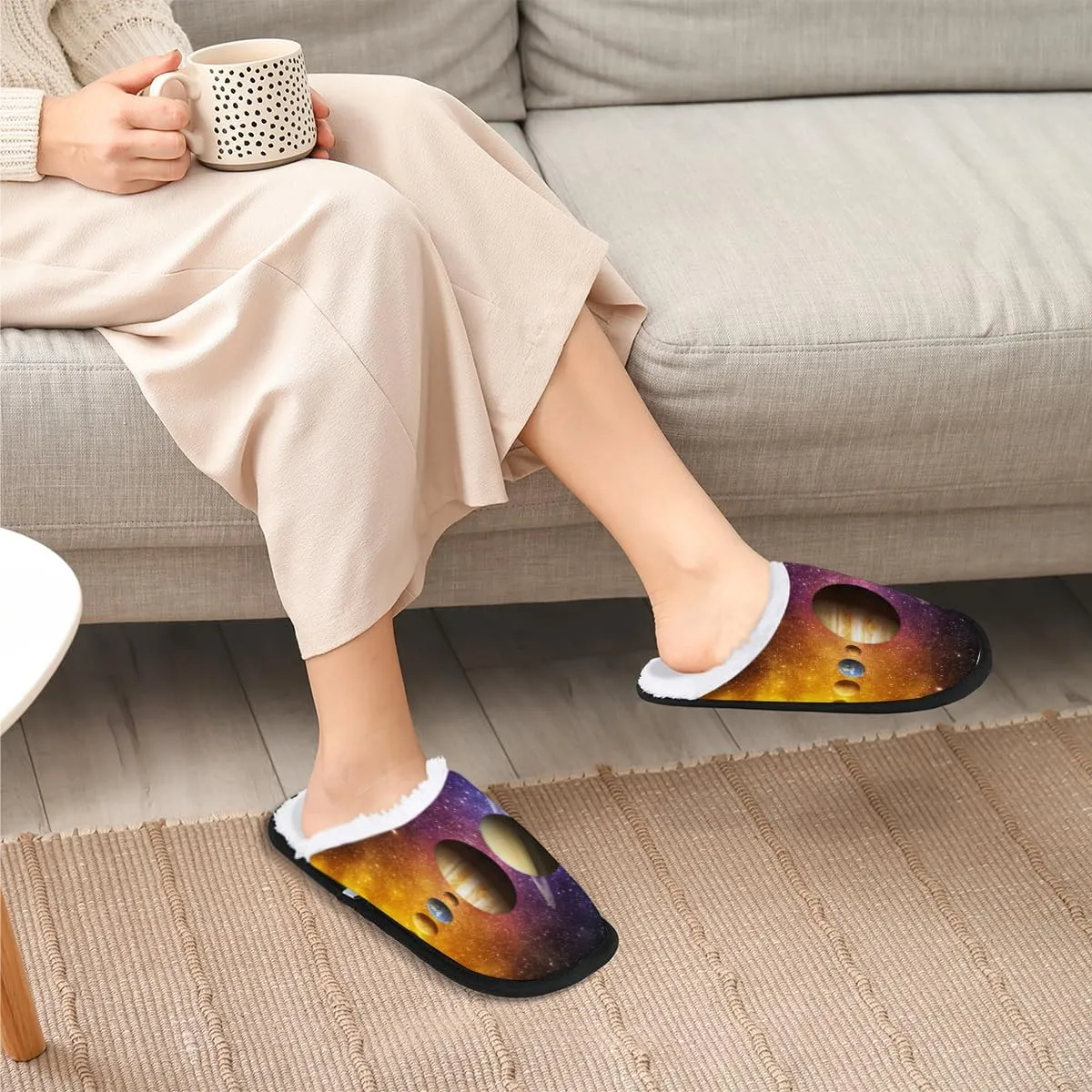 Sun Saturn Jupiter Slippers for Women,Fluffy Soft Winter Womens House Slippers,Non Slip Comfy Plush Ladies House Shoes for Girls Slip-On Slippers for Indoor Bedroom Travel M