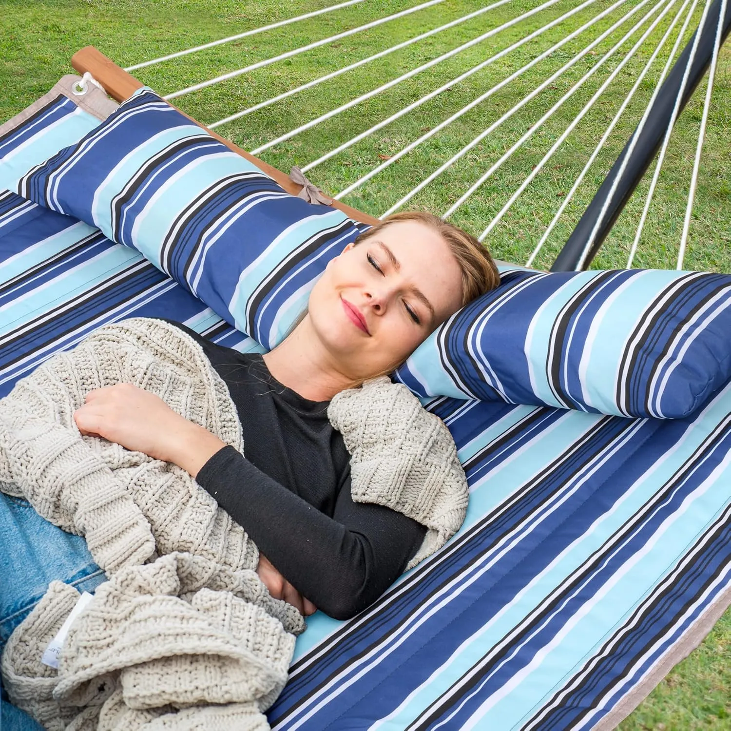 SUNCREAT Hammocks Outdoor Portable Hammock with Stand, 475 lbs Capacity, Heavy Duty Double Hammock with Stand Included, Patent Pending, Blue Stripes