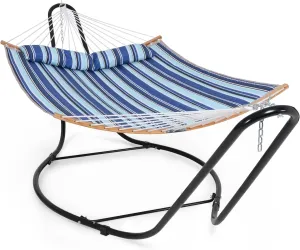 SUNCREAT Hammocks Outdoor Portable Hammock with Stand, 475 lbs Capacity, Heavy Duty Double Hammock with Stand Included, Patent Pending, Blue Stripes