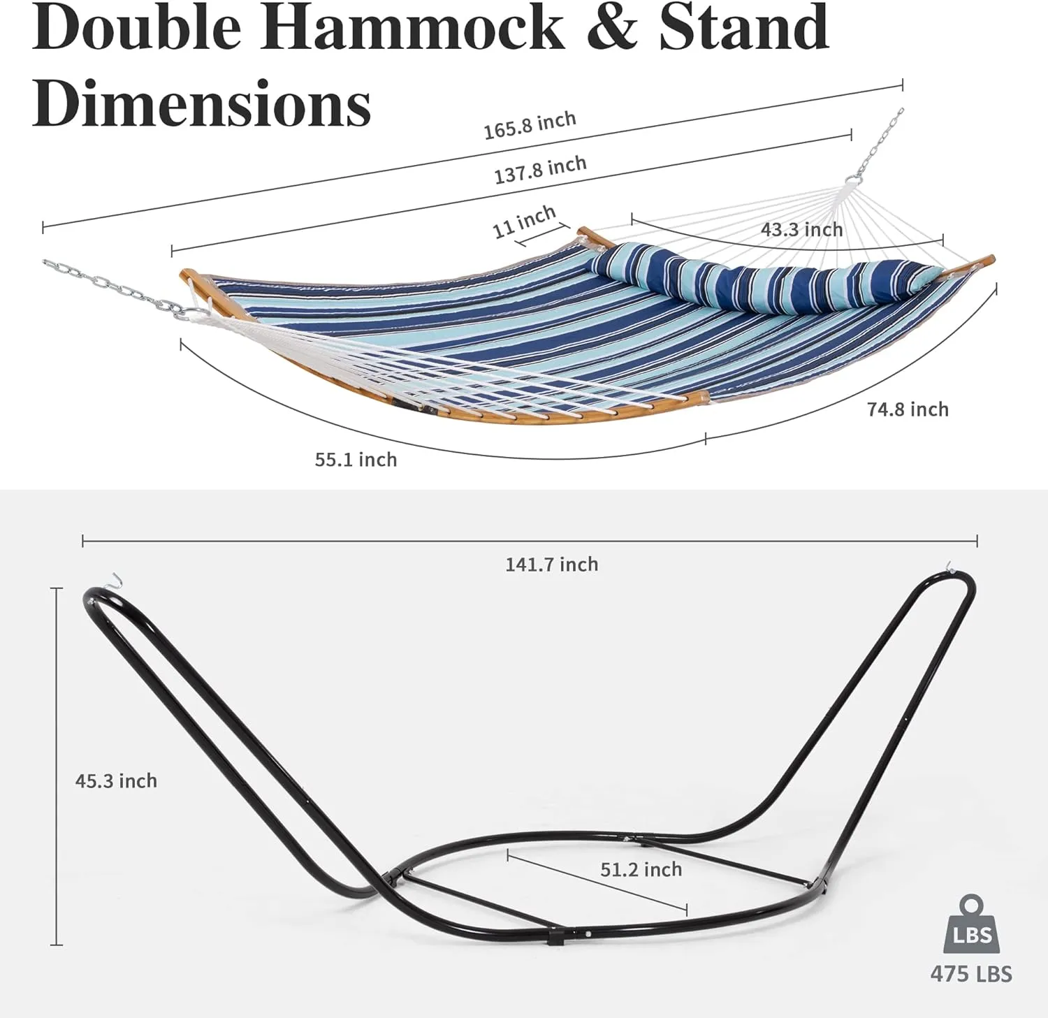 SUNCREAT Hammocks Outdoor Portable Hammock with Stand, 475 lbs Capacity, Heavy Duty Double Hammock with Stand Included, Patent Pending, Blue Stripes