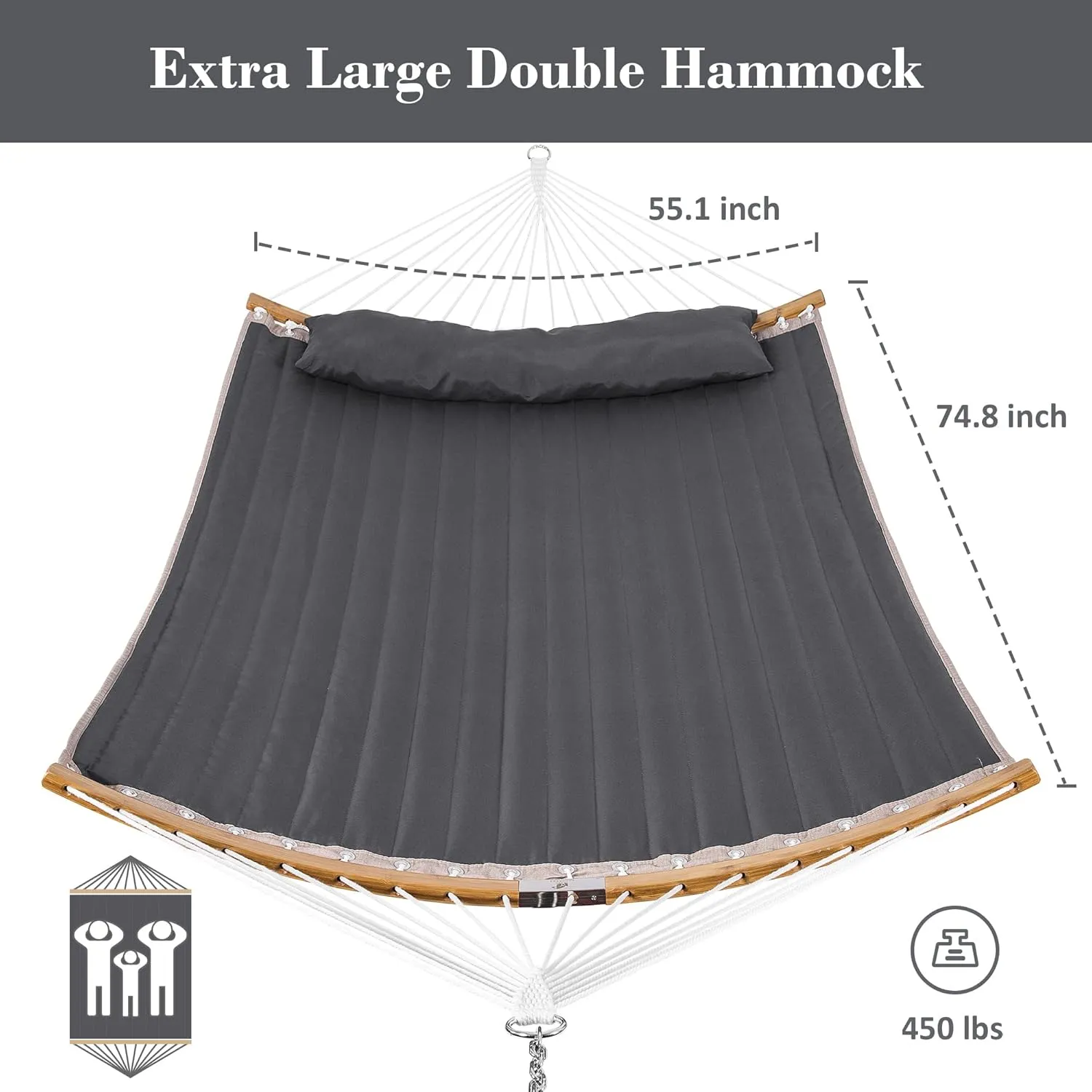 SUNCREAT Hammocks Standing Backyard Hammock with Stand, 2 Person Heavy Duty Portable Hammock with 13.5 ft Wooden Stand, Dark Gray