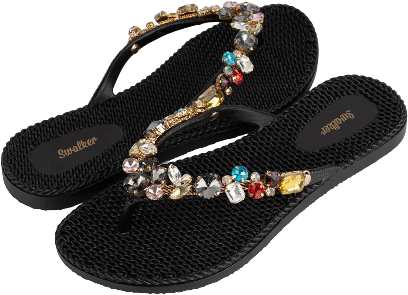 Swalker Woman's Sandal Flip Flop With Rhinestone in Recyclable Rubber Sole, Crystal Thong