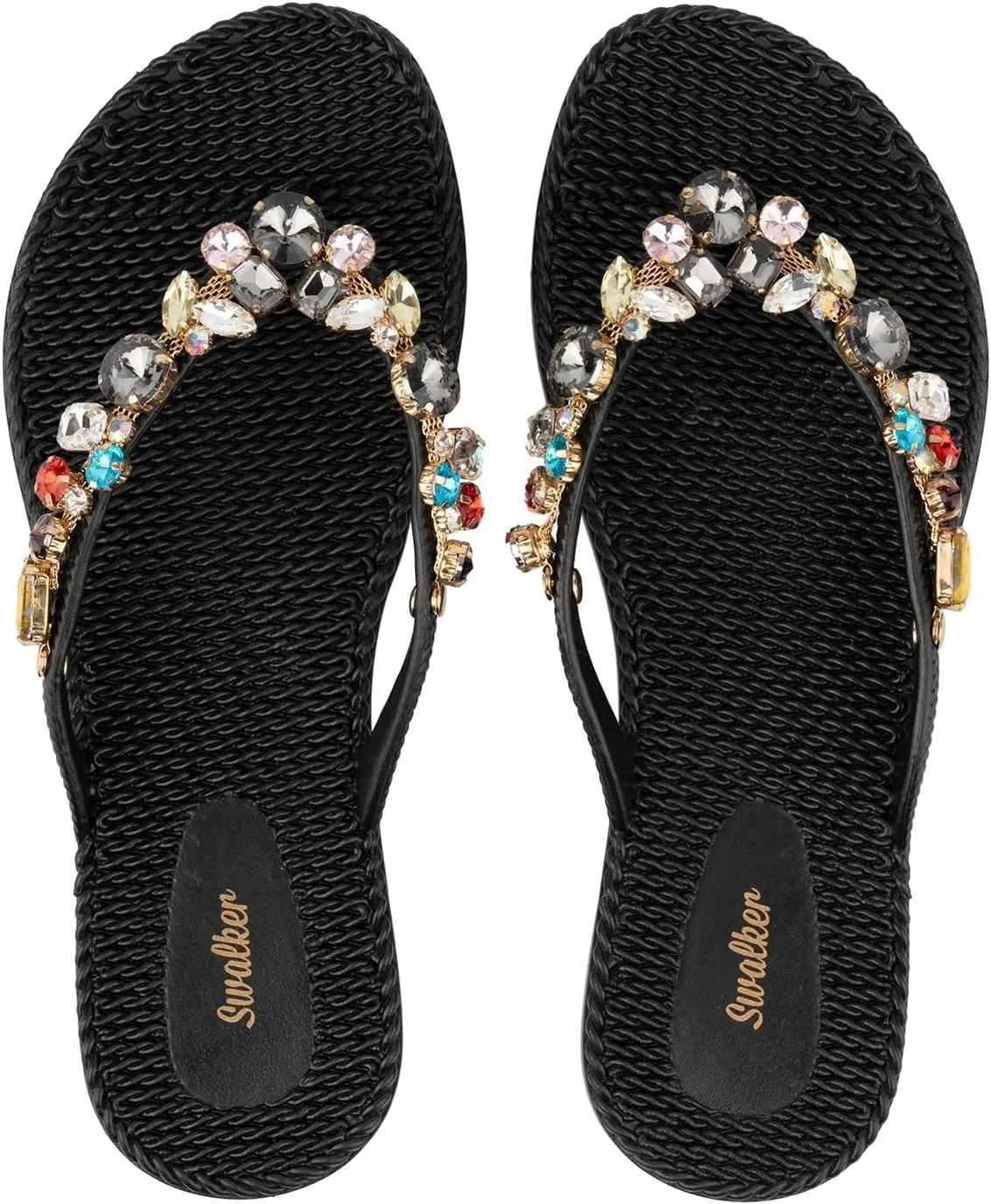 Swalker Woman's Sandal Flip Flop With Rhinestone in Recyclable Rubber Sole, Crystal Thong