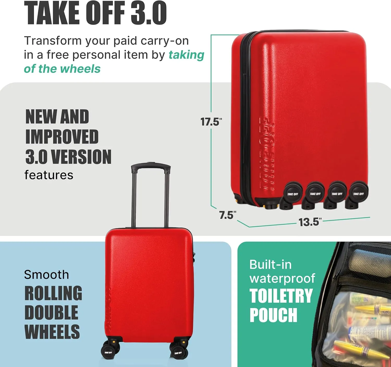 Take OFF Luggage 3.0 - Personal Item, 18x14x8 Inches, Underseat Suitcase with Removable Wheels, Hard Shell Luggage, Small Carry On Overnight Weekender, Airport & Travel Essentials, TSA Approved, Red