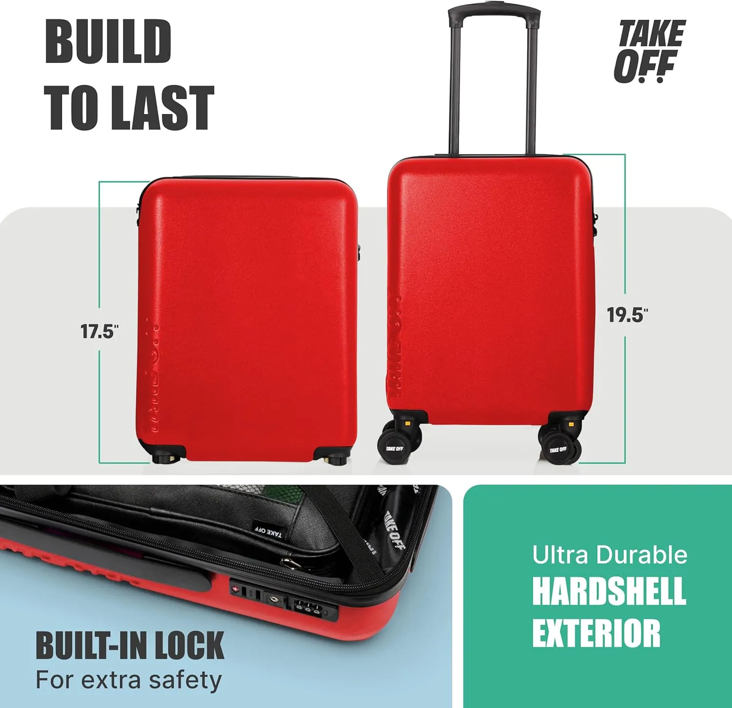 Take OFF Luggage 3.0 - Personal Item, 18x14x8 Inches, Underseat Suitcase with Removable Wheels, Hard Shell Luggage, Small Carry On Overnight Weekender, Airport & Travel Essentials, TSA Approved, Red