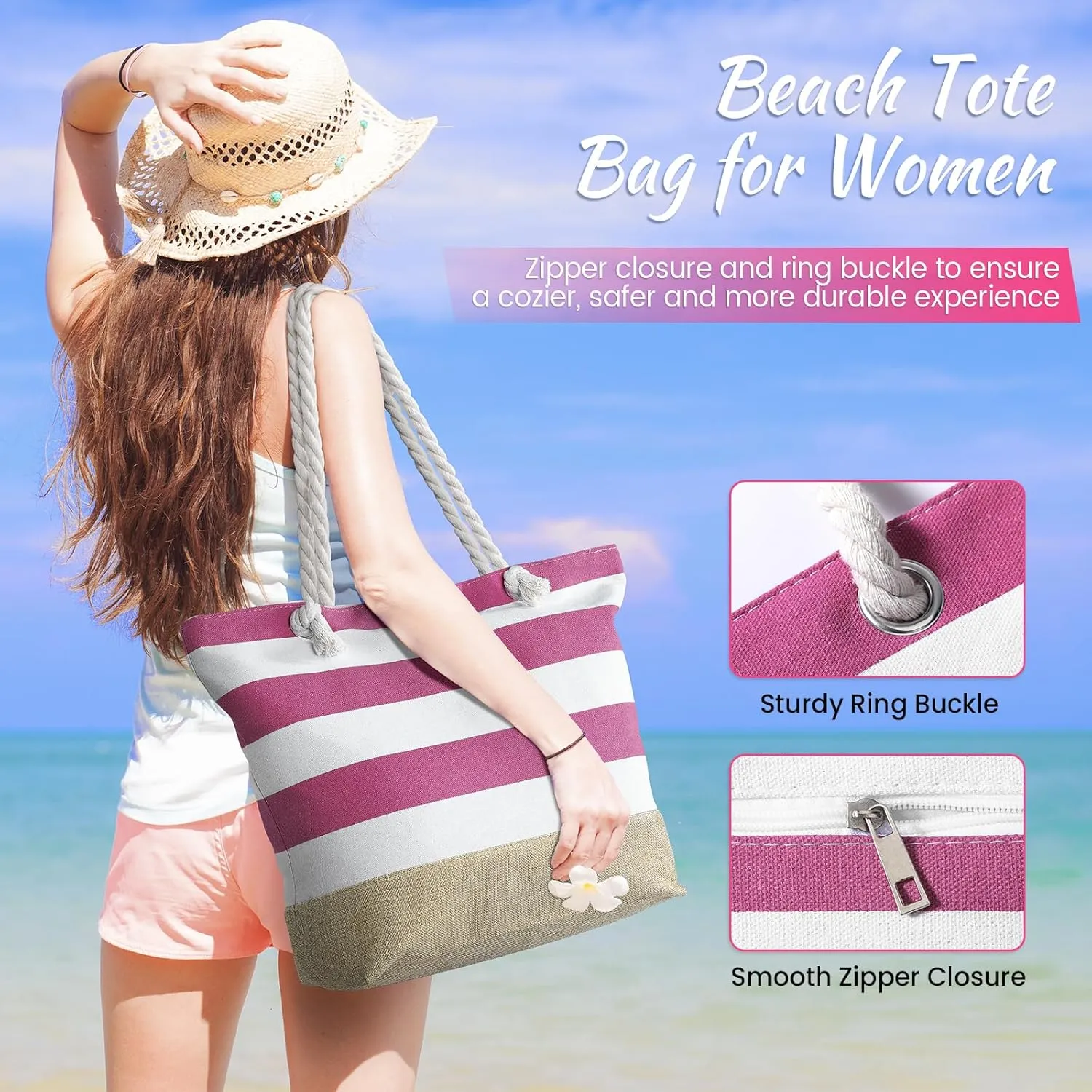 Tavaleu Beach Bags for Women, Large Beach Tote Bag Waterproof Sandproof, Swim Pool Bag with Zipper