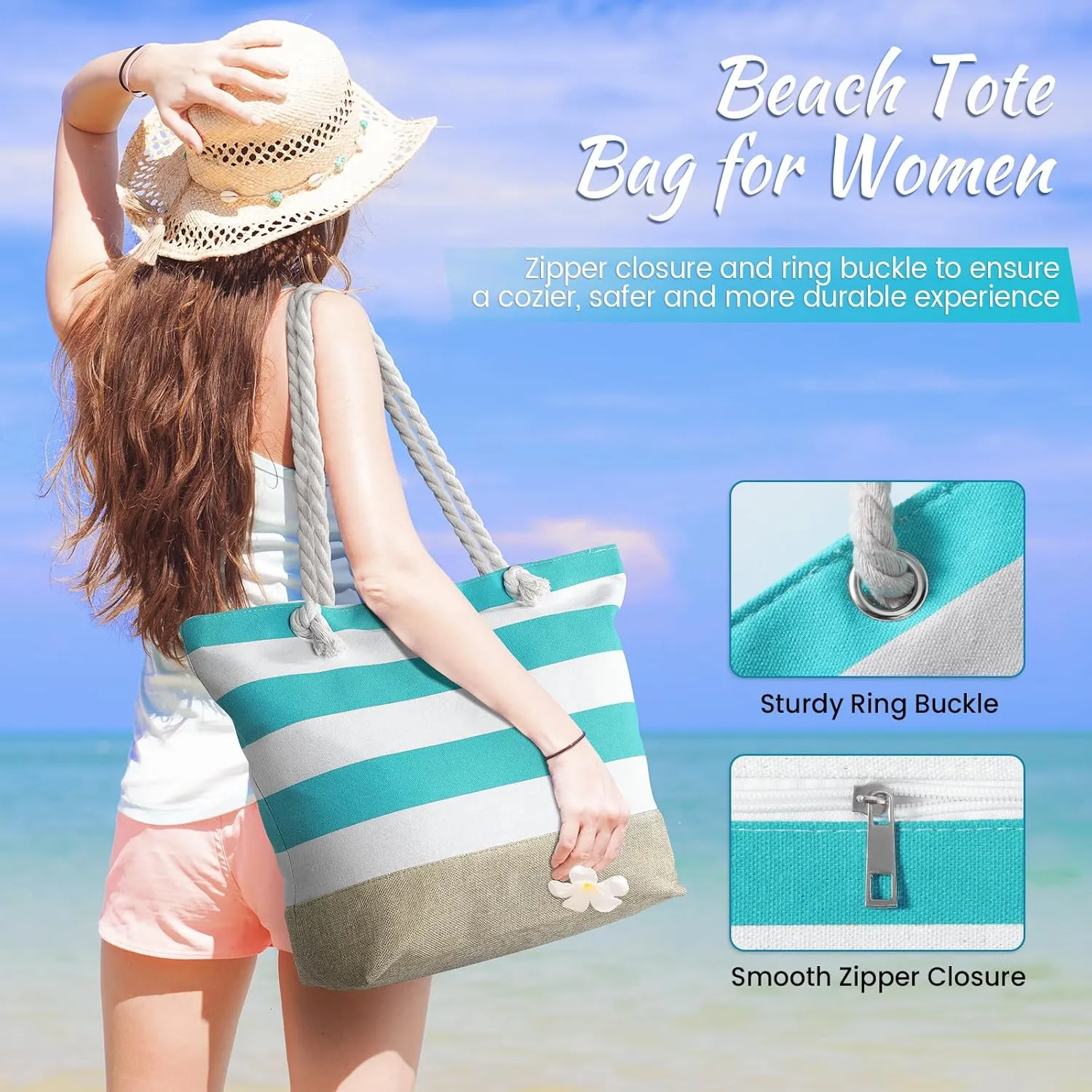 Tavaleu Beach Bags for Women, Large Beach Tote Bag Waterproof Sandproof, Swim Pool Bag with Zipper