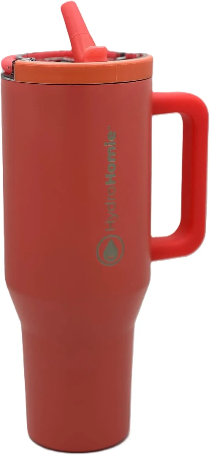 The Nomad 40oz Tumbler – Flip Straw Lid with Handle and Rubber Base, Travel Car Cup Holder Friendly and 100% Leak Resistant - Courageous Coral
