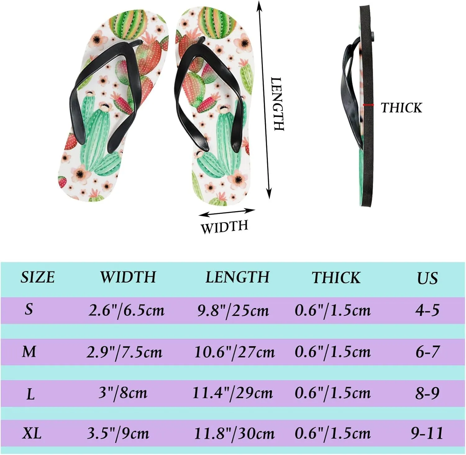 Thong Slippers Flip Flops for Women Colored Cactus Flower Casual Flat Slide Beach Slippers Sandals Shower Shoes