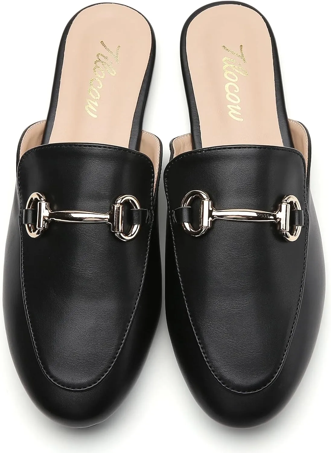 Tilocow Metal Buckle Mules for Women Round Toe Backless Flats Mules Slides Mules Shoes Ladies Slip-on Loafers for Women