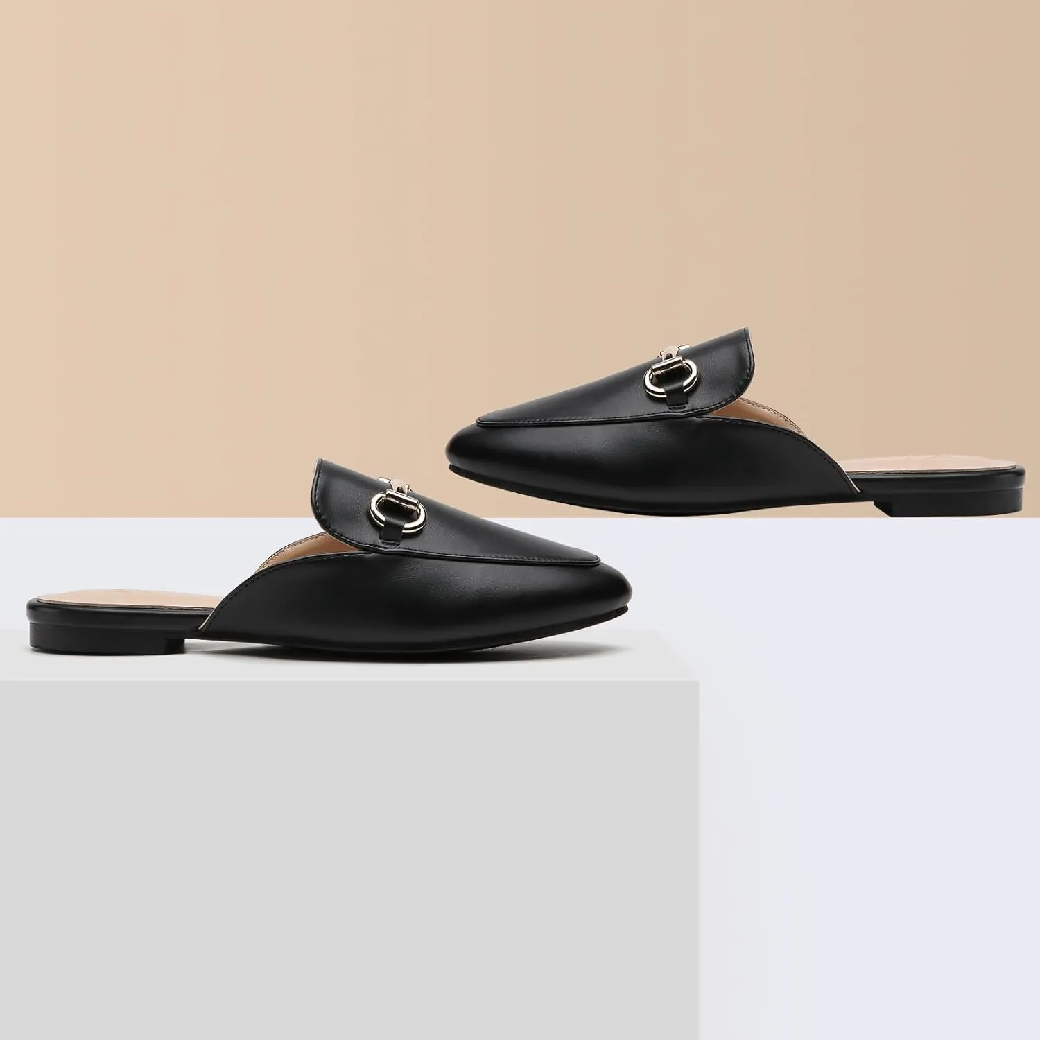 Tilocow Metal Buckle Mules for Women Round Toe Backless Flats Mules Slides Mules Shoes Ladies Slip-on Loafers for Women