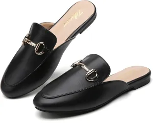 Tilocow Metal Buckle Mules for Women Round Toe Backless Flats Mules Slides Mules Shoes Ladies Slip-on Loafers for Women