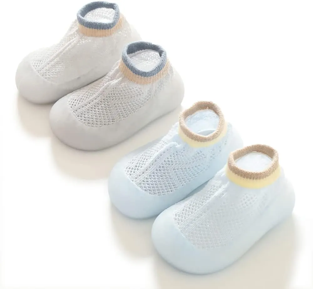 Toddler 2 Pairs Anti-Skid Socks Shoes Baby Boys Girls Rubber Sole Indoor First Walking Slippers