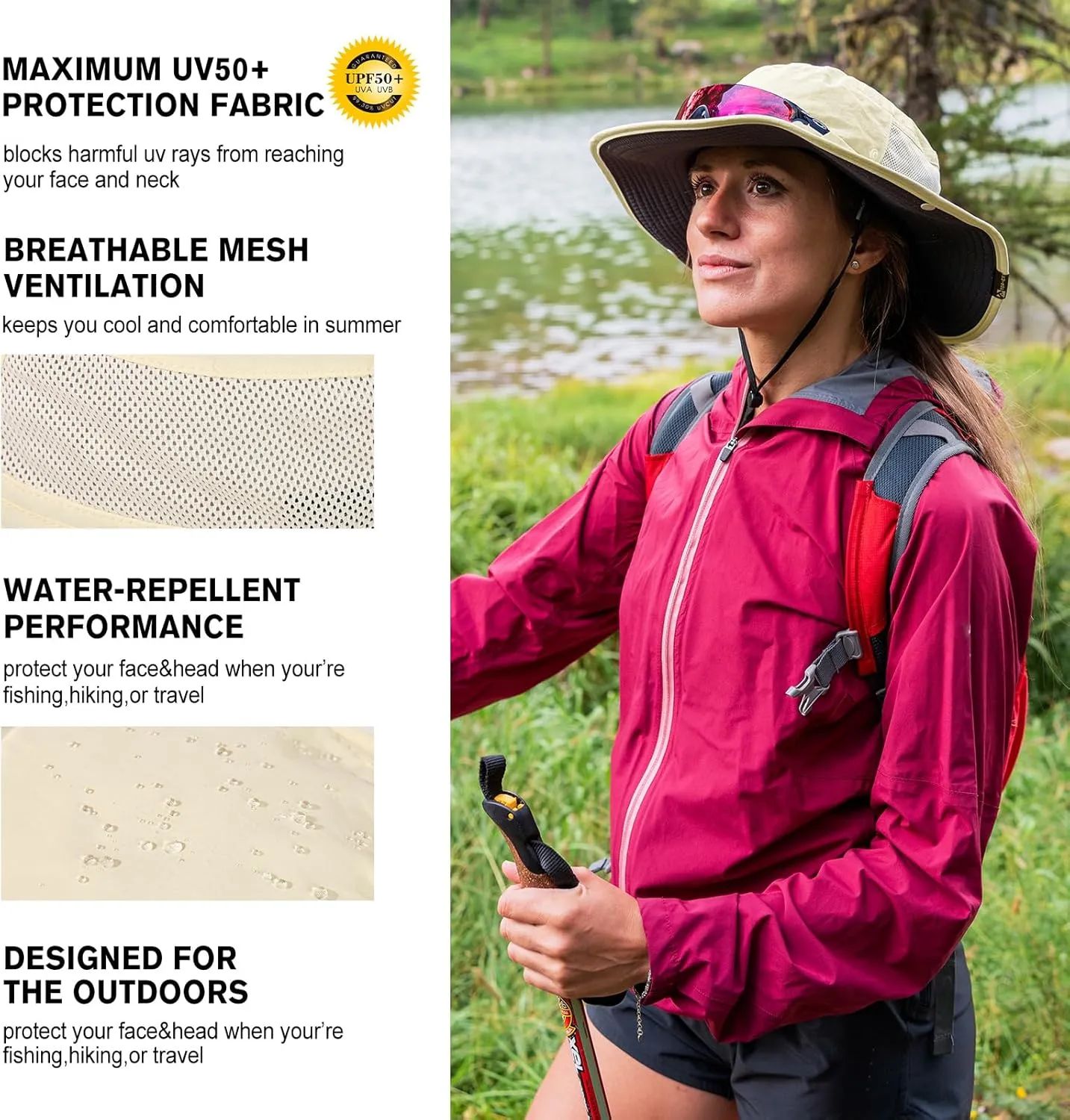 TOP-EX L/XL/XXL UV50  Waterproof Wide Brim Bucket Sun Hat for Summer Fishing Hiking w/Detachable Strap & Vented Mesh
