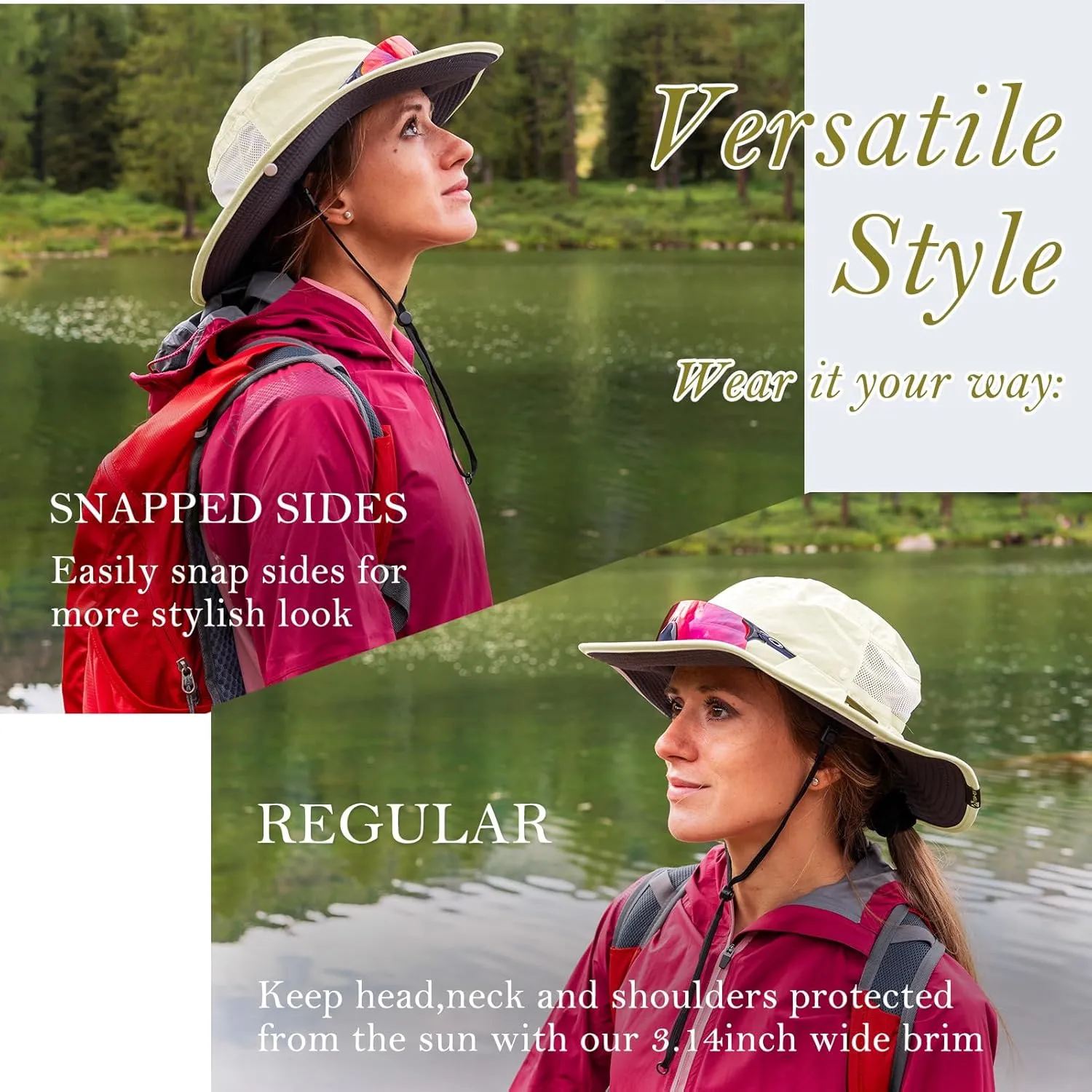 TOP-EX L/XL/XXL UV50  Waterproof Wide Brim Bucket Sun Hat for Summer Fishing Hiking w/Detachable Strap & Vented Mesh