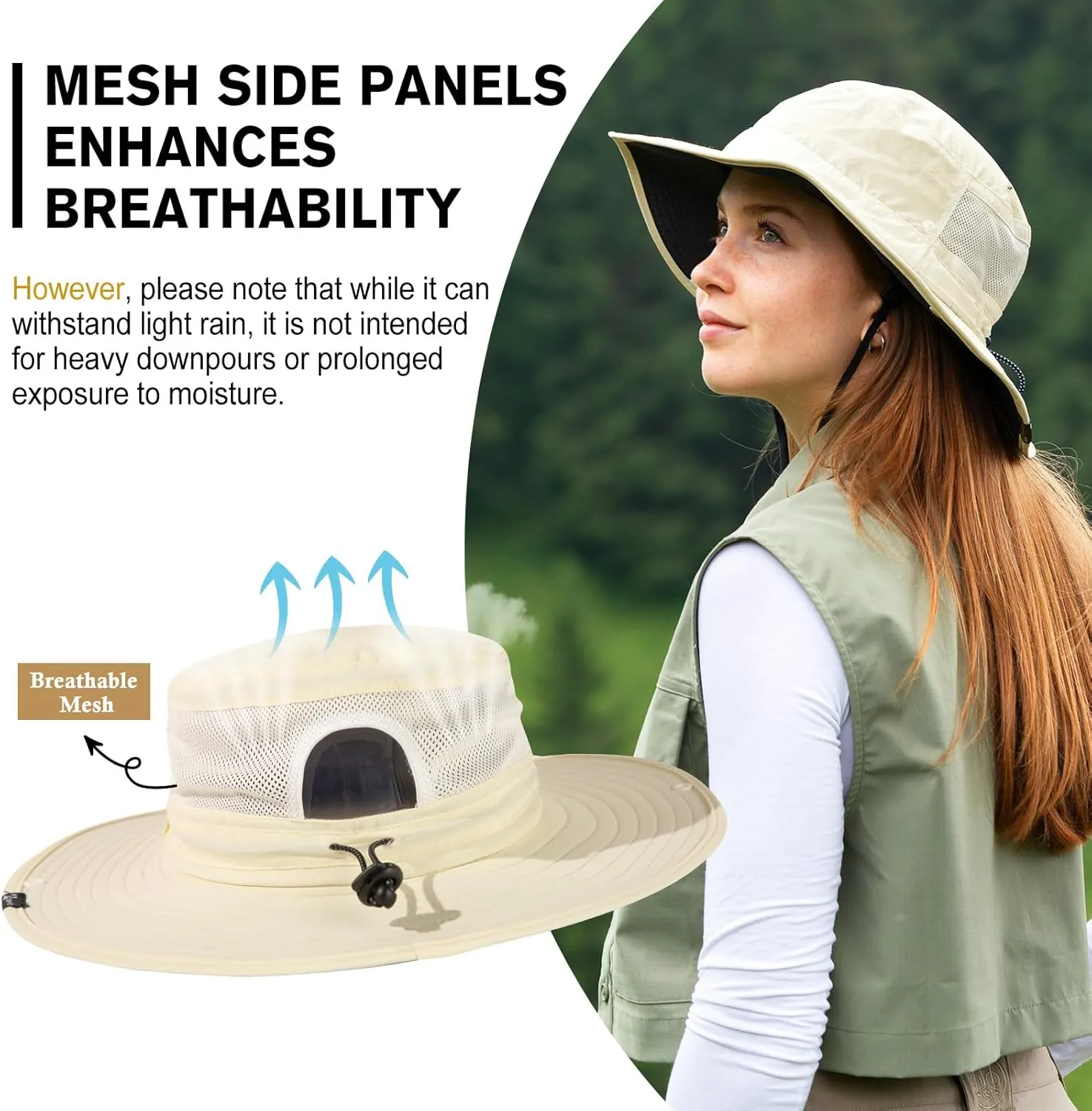 TOP-EX L/XL/XXL UV50  Waterproof Wide Brim Bucket Sun Hat for Summer Fishing Hiking w/Detachable Strap & Vented Mesh