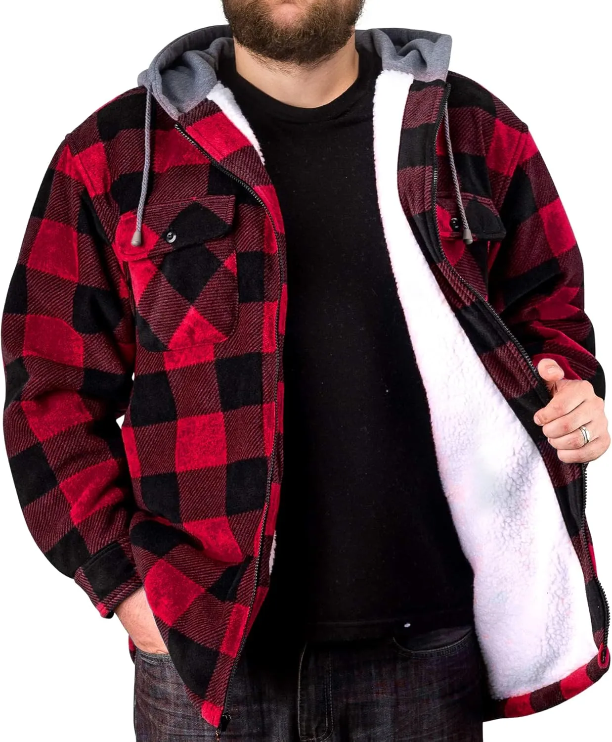 TrailCrest Men's Warm Sherpa Lined Hoodie Fleece Shirt Jacket, Classic Zip Up Buffalo Plaid (Regular and Big & Tall Sizes)