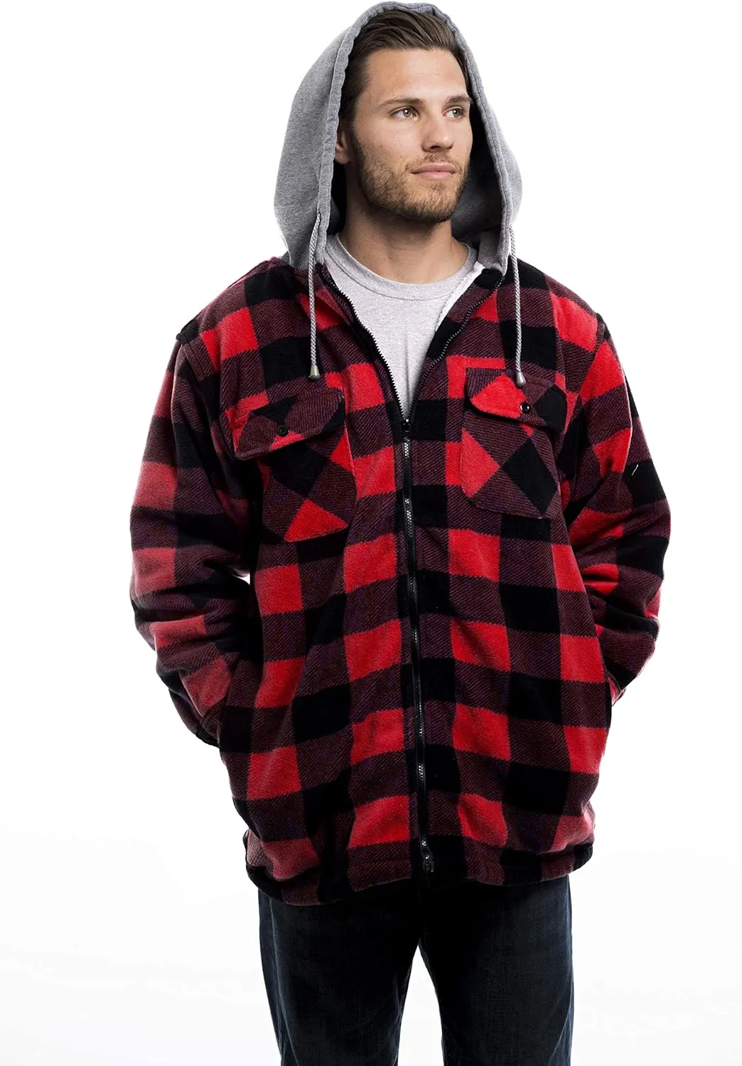TrailCrest Men's Warm Sherpa Lined Hoodie Fleece Shirt Jacket, Classic Zip Up Buffalo Plaid (Regular and Big & Tall Sizes)