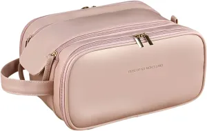 Travel Makeup Bag for Women,Waterproof Cosmetic Organizer with Brush Holder, Toiletry Bag for Makeup Brushes & Travel Essentials, Free-Standing Vertical Storage Bag with Wide Opening (Pink)