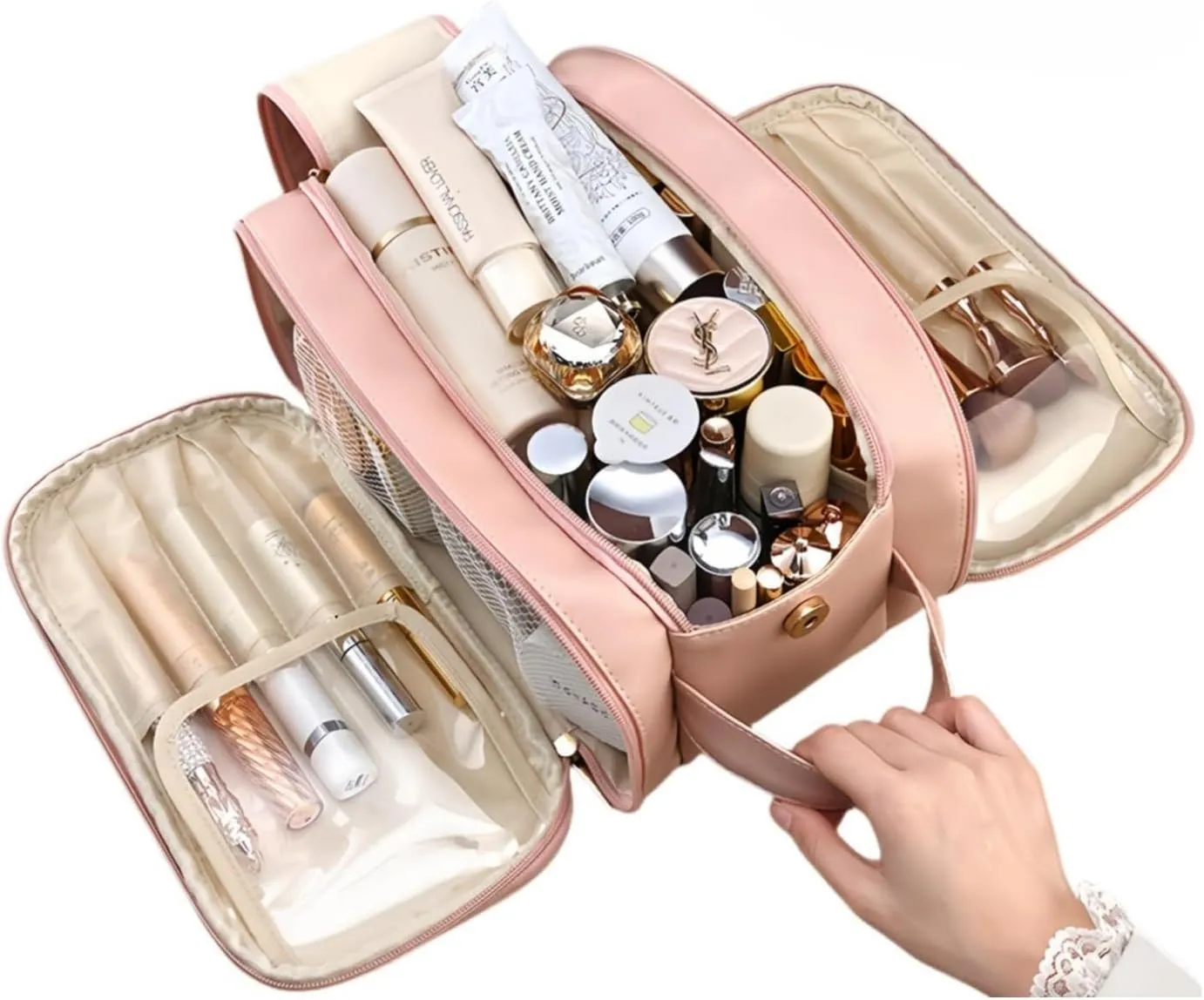 Travel Makeup Bag for Women,Waterproof Cosmetic Organizer with Brush Holder, Toiletry Bag for Makeup Brushes & Travel Essentials, Free-Standing Vertical Storage Bag with Wide Opening (Pink)