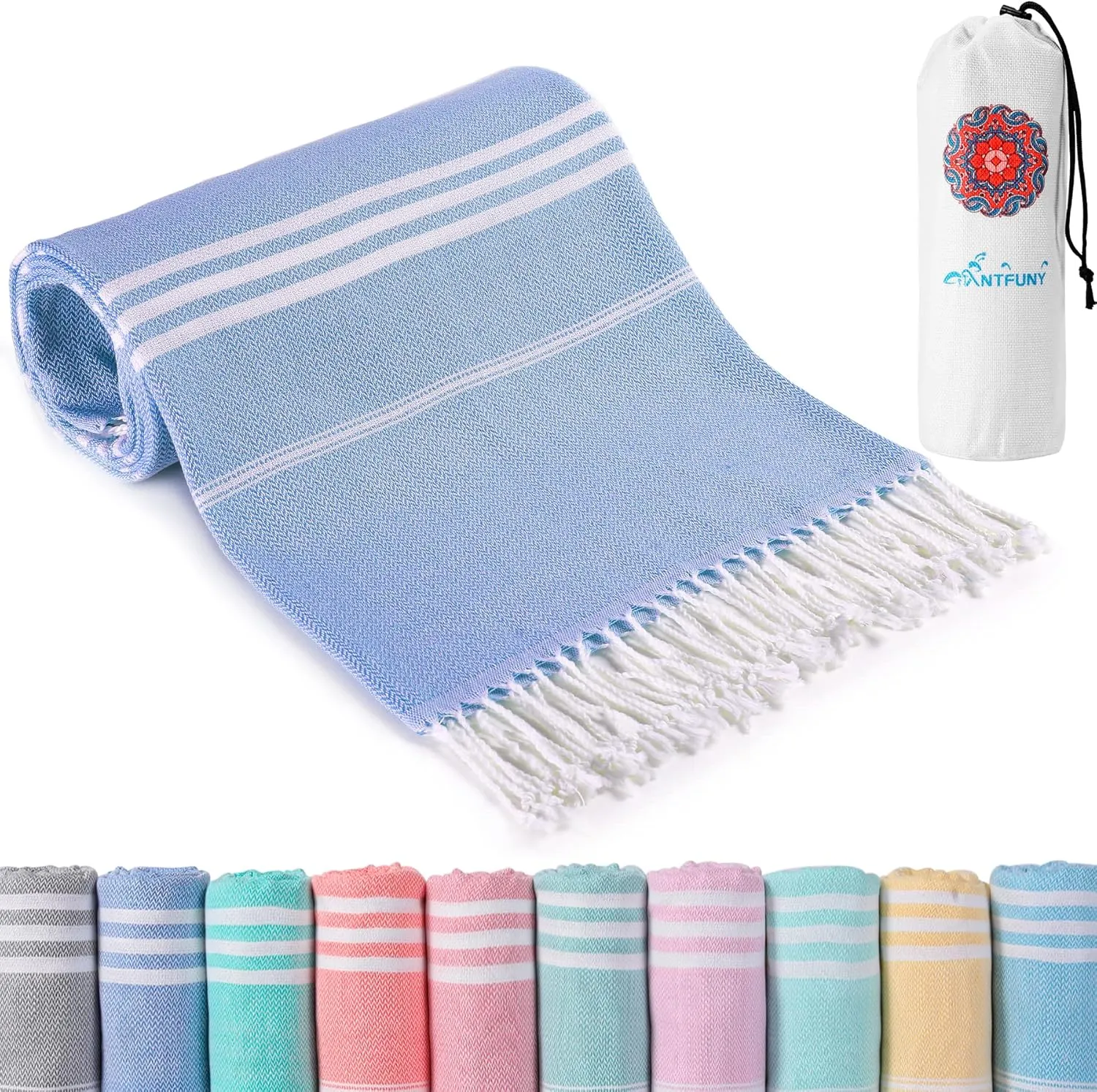 Turkish Beach Towels Vacation Essentials with Bag Quick Dry Sand Free Soft Absorbent Adult Bath Pool Swim Long Wide Stripe Towel Cloud Linen Sandfree Mat Summer Thing Lightweight Thin Travel Blue