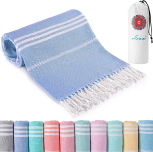 Turkish Beach Towels Vacation Essentials with Bag Quick Dry Sand Free Soft Absorbent Adult Bath Pool Swim Long Wide Stripe Towel Cloud Linen Sandfree Mat Summer Thing Lightweight Thin Travel Blue