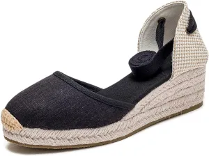 U-lite Womens Platform Wedge Sandals Espadrilles Closed Toe Ankle Strap Lace Up Ankle-Tie Strap Classic Espadrille Heel Black 6.5