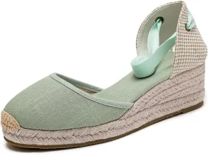 U-lite Womens Platform Wedge Sandals Espadrilles Closed Toe Ankle Strap Lace Up Ankle-Tie Strap Classic Espadrille Heel Green 9.5