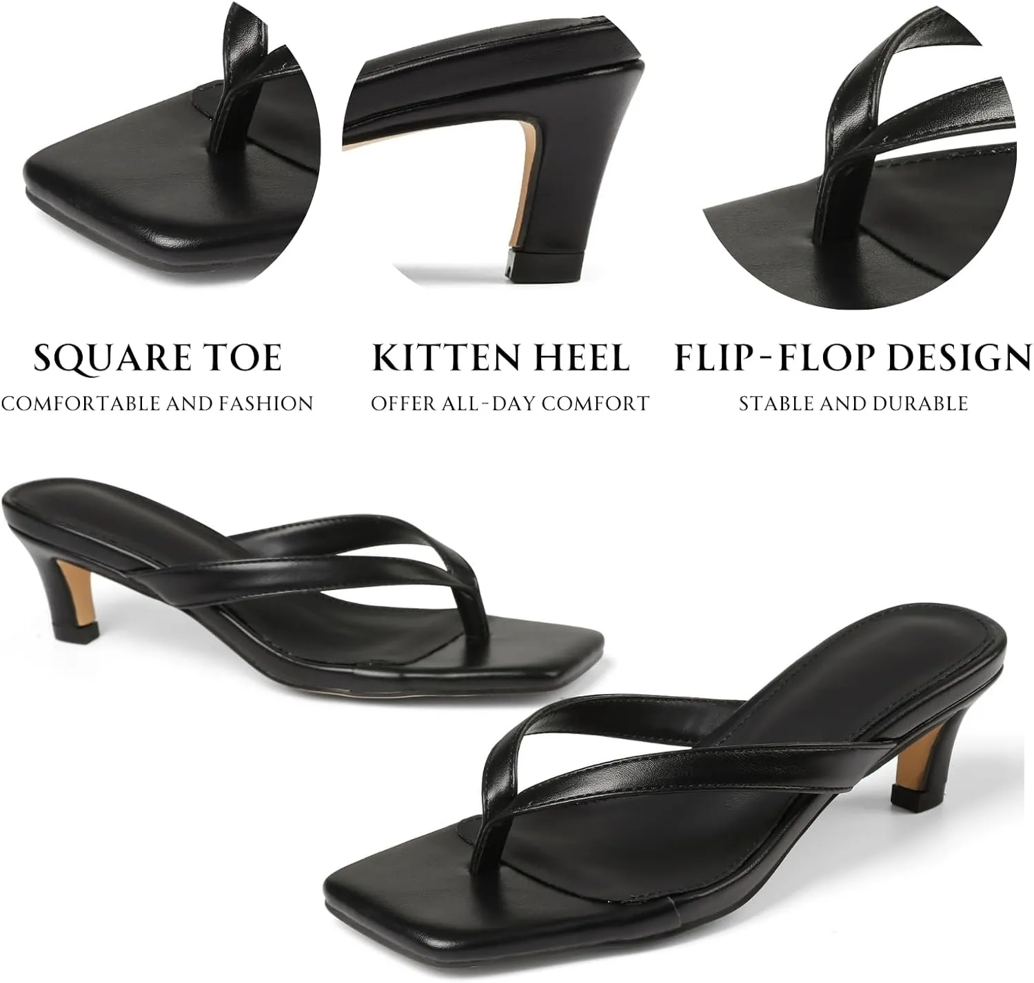 Uacllcau Kitten Heels Sandals for Women Square Open Toe Flip Flops Strappy Heels for Women Sandals Slides