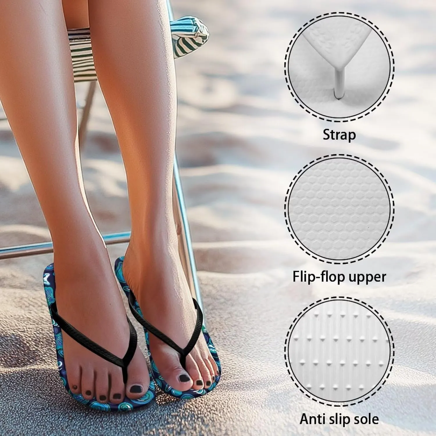 Ultra Cushion Flip Flops for Women Stylish Print Thong Sandals Non Slip Lightweight Yoga Mat Beach Pool Shoes Black Strap