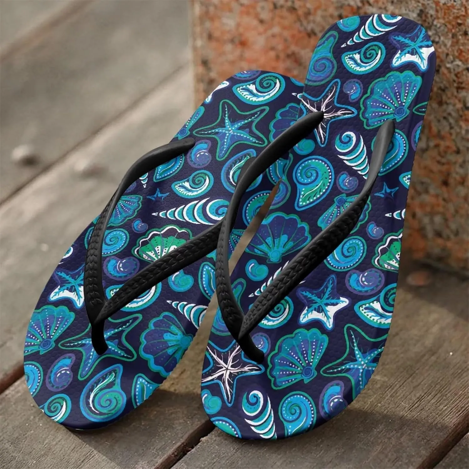 Ultra Cushion Flip Flops for Women Stylish Print Thong Sandals Non Slip Lightweight Yoga Mat Beach Pool Shoes Black Strap