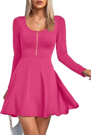 Umenlele Women's Scoop Neck Long Sleeve Dresses Casual Flowy Swing Mini Short Wrap Skater Dress