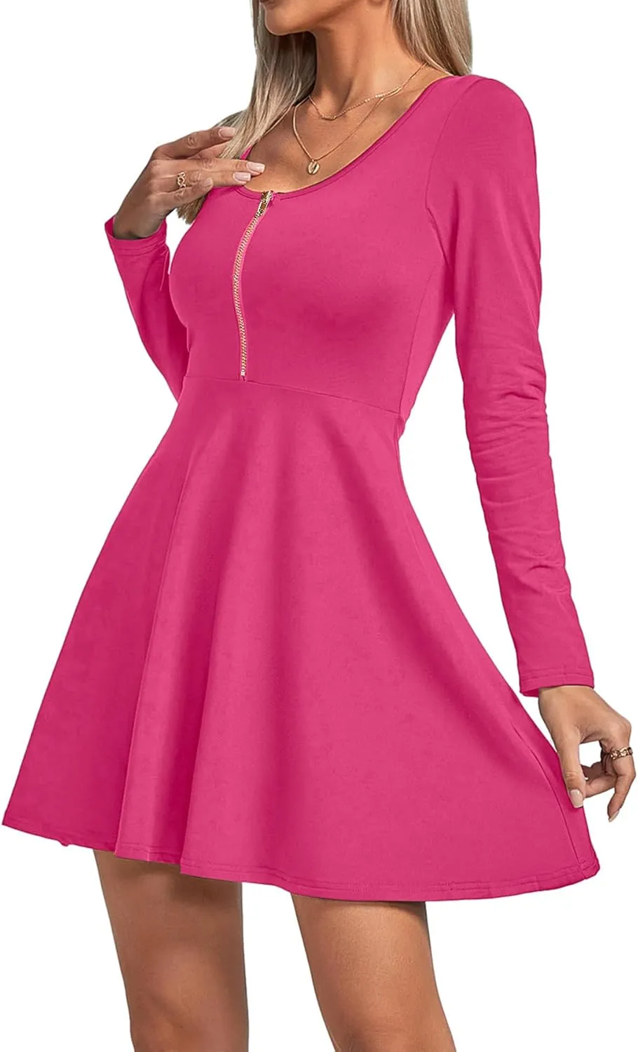 Umenlele Women's Scoop Neck Long Sleeve Dresses Casual Flowy Swing Mini Short Wrap Skater Dress