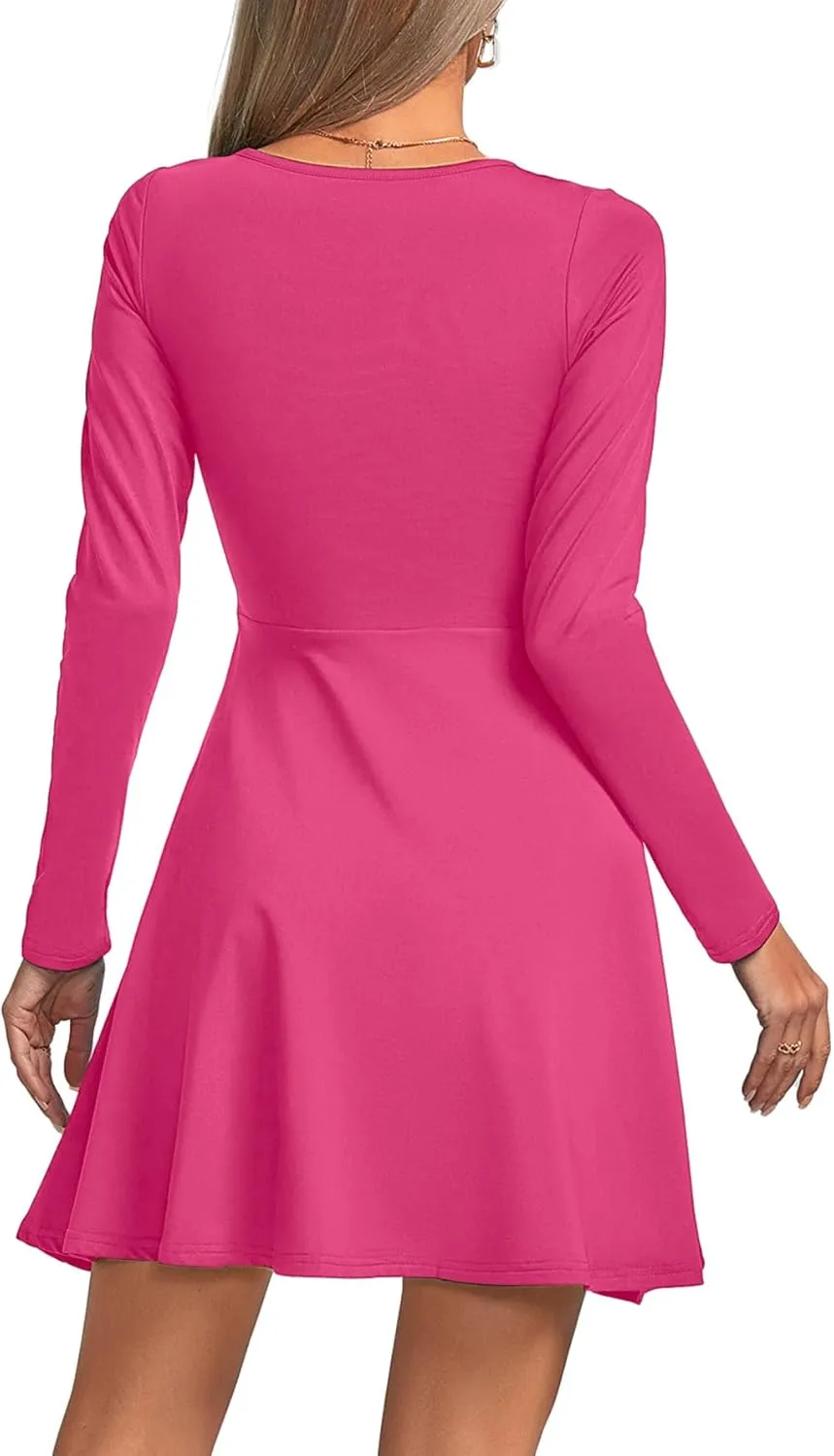 Umenlele Women's Scoop Neck Long Sleeve Dresses Casual Flowy Swing Mini Short Wrap Skater Dress