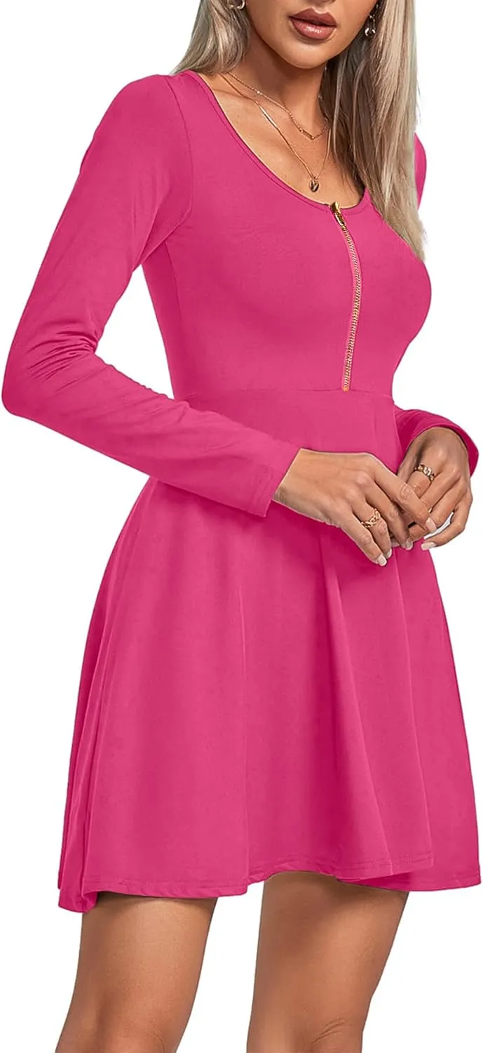 Umenlele Women's Scoop Neck Long Sleeve Dresses Casual Flowy Swing Mini Short Wrap Skater Dress