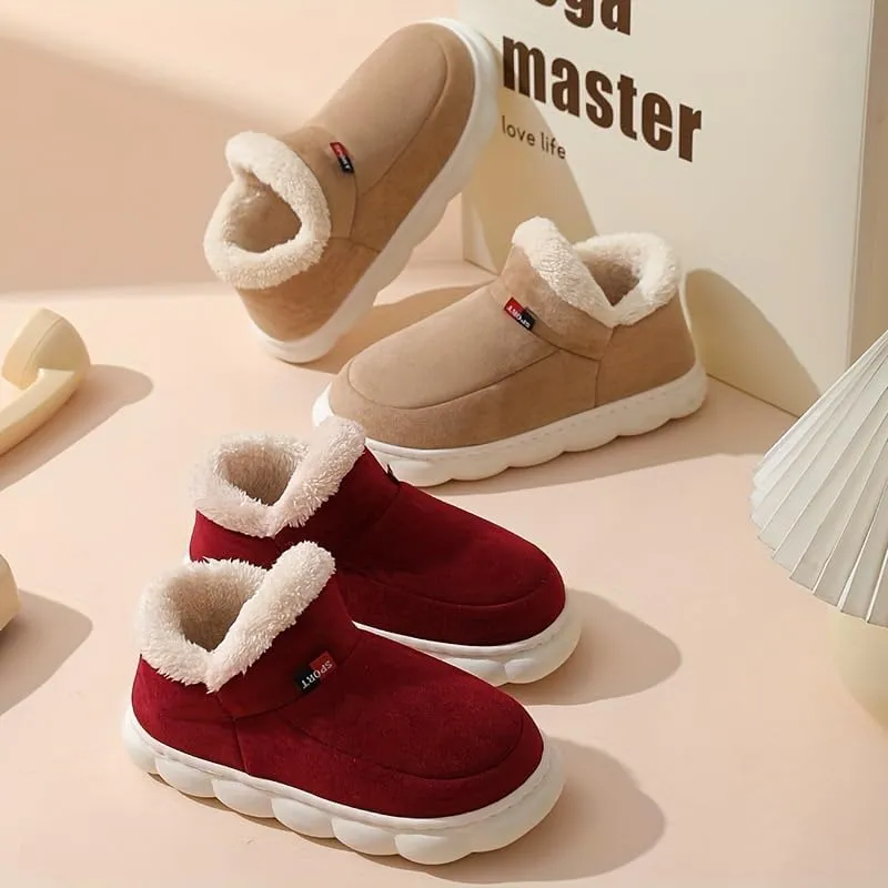 Unisex Solid Colour Slip On Home Shoes with Warm Plush Lining, Comfy Non Slip Casual Durable Thermal Shoes, Winter & Autumn