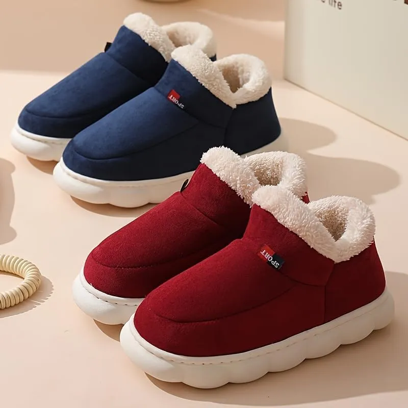 Unisex Solid Colour Slip On Home Shoes with Warm Plush Lining, Comfy Non Slip Casual Durable Thermal Shoes, Winter & Autumn