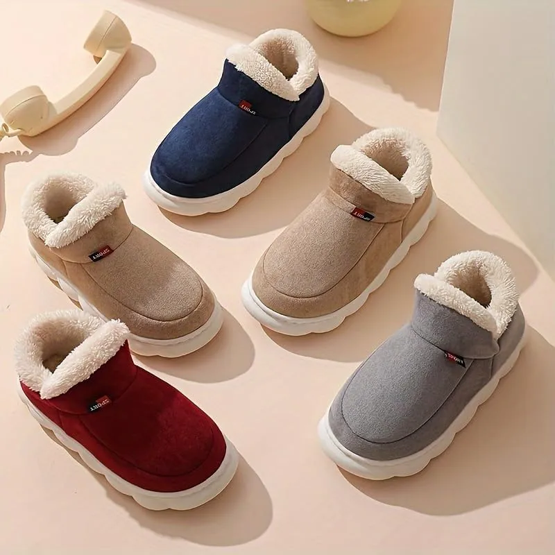 Unisex Solid Colour Slip On Home Shoes with Warm Plush Lining, Comfy Non Slip Casual Durable Thermal Shoes, Winter & Autumn
