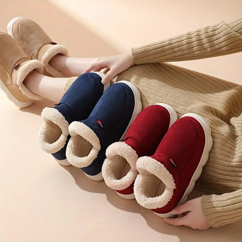 Unisex Solid Colour Slip On Home Shoes with Warm Plush Lining, Comfy Non Slip Casual Durable Thermal Shoes, Winter & Autumn