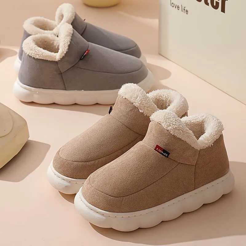 Unisex Solid Colour Slip On Home Shoes with Warm Plush Lining, Comfy Non Slip Casual Durable Thermal Shoes, Winter & Autumn