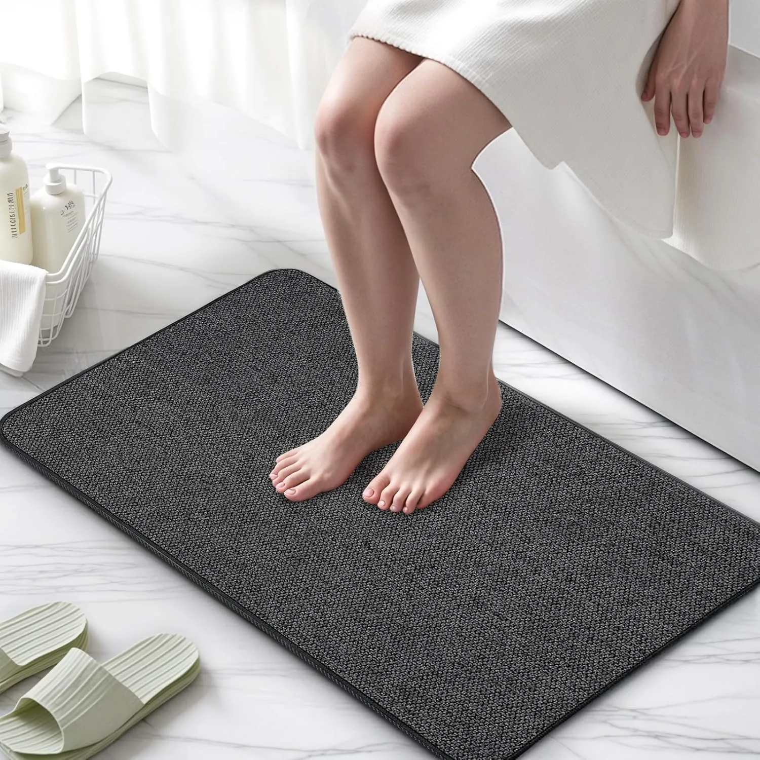 Upgraded Thin Bathroom Rugs, Bath Mat Super Absorbent, Bath Rugs Rubber Backing Non-Slip, Quick Dry Machine Washable, Cozy Cloth Bathroom Mat fit Under Door/Sink/ Bathtub/Area Rug Sets 24''x36''-Black