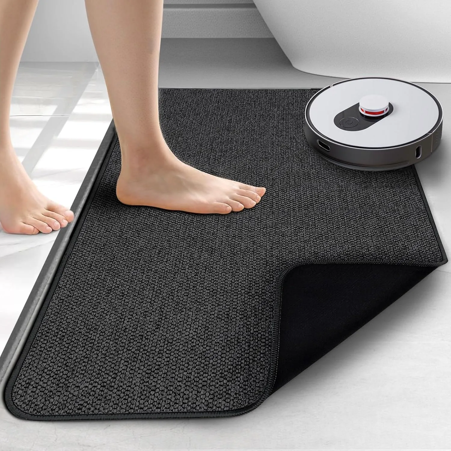 Upgraded Thin Bathroom Rugs, Bath Mat Super Absorbent, Bath Rugs Rubber Backing Non-Slip, Quick Dry Machine Washable, Cozy Cloth Bathroom Mat fit Under Door/Sink/ Bathtub/Area Rug Sets 24''x36''-Black