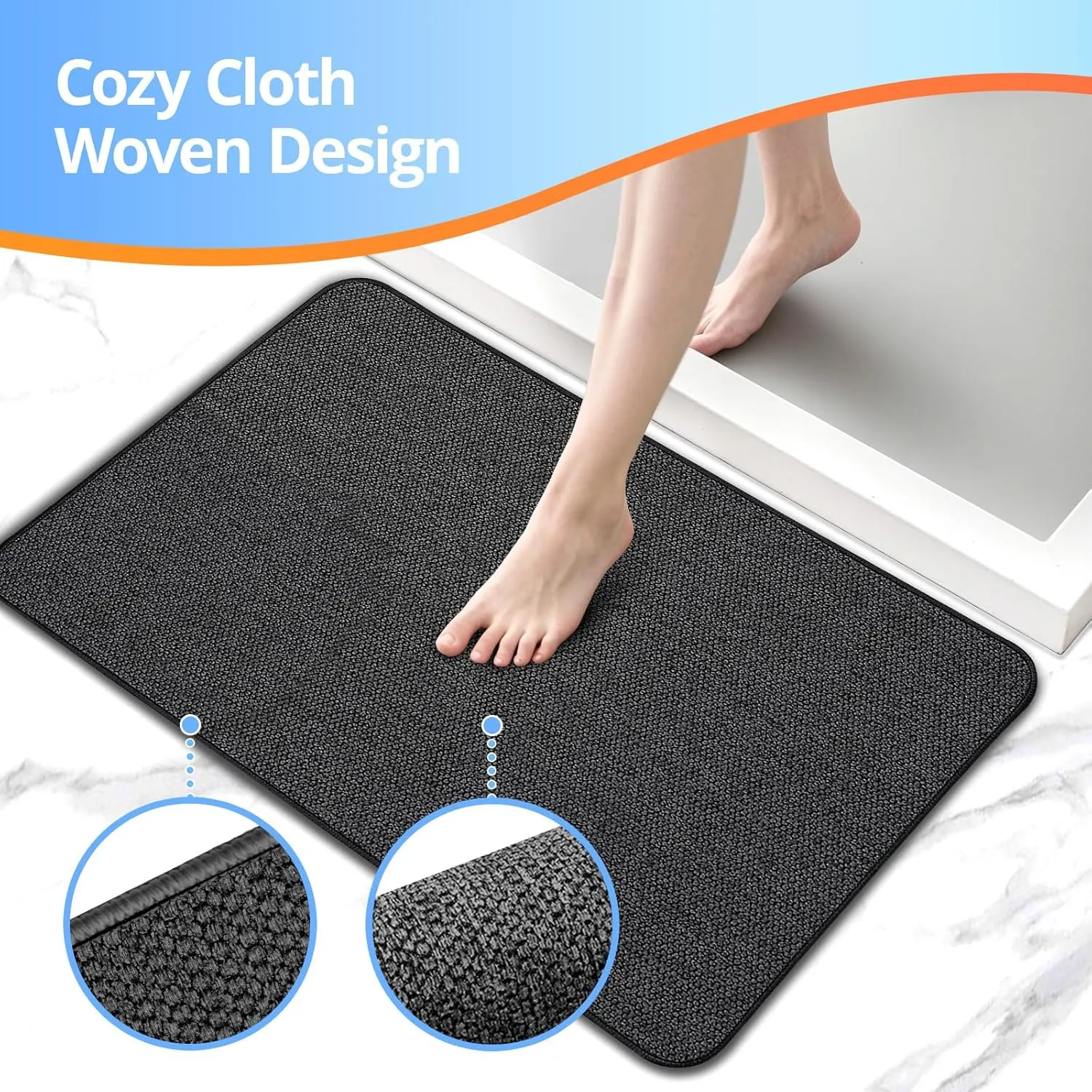 Upgraded Thin Bathroom Rugs, Bath Mat Super Absorbent, Bath Rugs Rubber Backing Non-Slip, Quick Dry Machine Washable, Cozy Cloth Bathroom Mat fit Under Door/Sink/ Bathtub/Area Rug Sets 24''x36''-Black