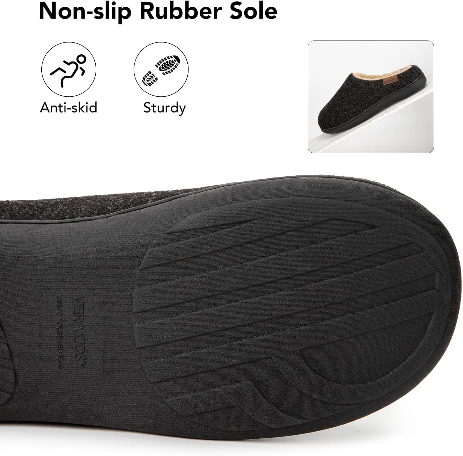 VeraCosy Men's Wool Felt Slippers Warm Fuzzy Faux Sherpa Slip-on Memory Foam Indoor House Slippers